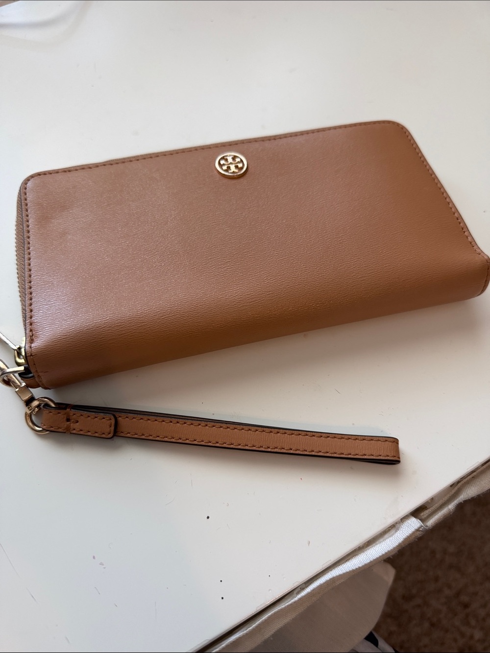 Tory Burch Camel Leather Zip Wristlet Wallet with Logo